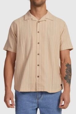 RVCA Beat Stripe Short Sleeve Shirt Tan