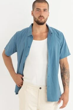 Rhythm Classic Linen Short Sleeve Shirt Mineral Blue