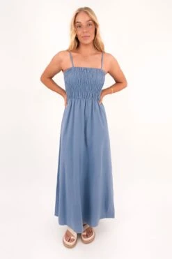 Rhythm Classic Shirred Midi Dress Steel Blue