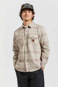 Brixton Bowery Heavy Weight Long Sleeve Flannel Off White Cinder Grey